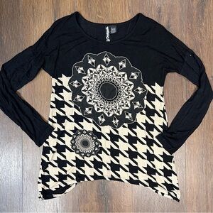 Desigual Black and Cream Herringbone Open Back Blouse SZ XS